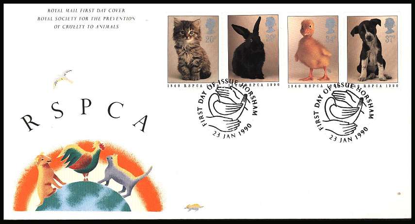 view larger back view image for 150th Anniversary of Royal Society for Prevention of Cruelty to Animals (RSPCA) on an unaddressed Royal Mail FDC cancelled with the special handstamp for HORSHAM dated 23 JAN 1990