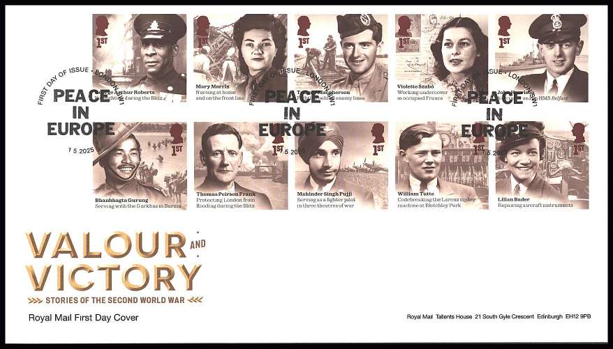 view larger back view image for Valour and Victory set of ten on an unaddressed official Royal Mail FDC cancelled with the official alternative FDI cancel for LONDON SW1
dated1.5.2025