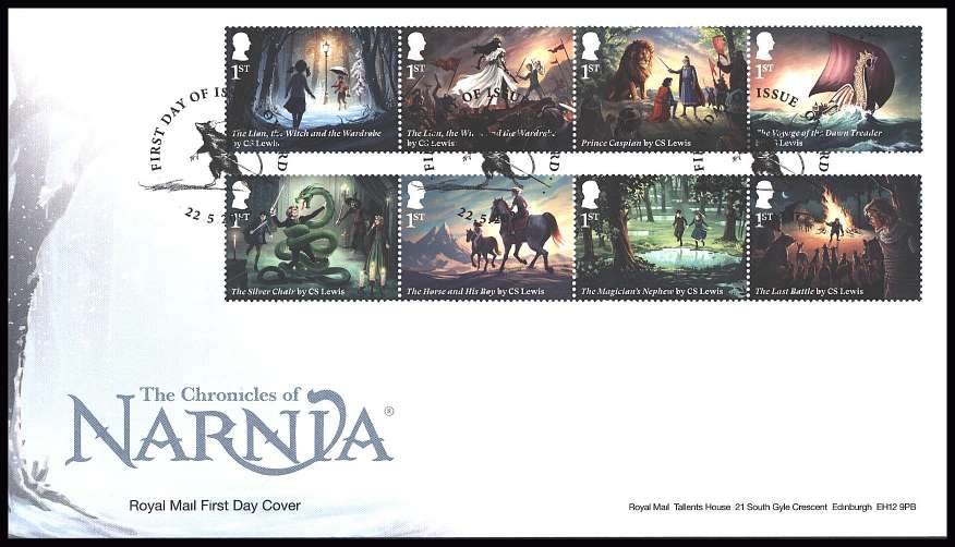 view larger back view image for Chronicles of Narnia set of eight on an unaddressed official Royal Mail FDC cancelled with the official alternative FDI cancel for OXFORD
dated 22.5.2025