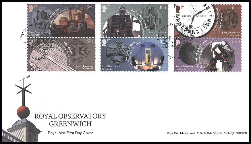 view larger back view image for Royal Observatory Greenwich set of six on an unaddressed official Royal Mail FDC cancelled with the official alternative FDI cancel for LONDON SE10
dated12.6.2025