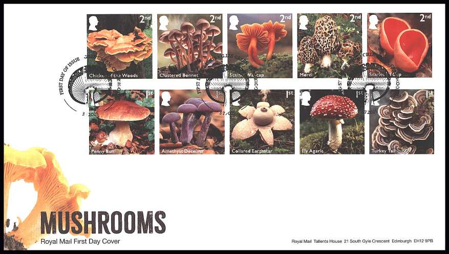 view larger back view image for Mushrooms set of ten on an unaddressed official Royal Mail FDC cancelled with the official alternative FDI cancel for GILLS GREEN - CRANBROOK
dated 3.7.2025