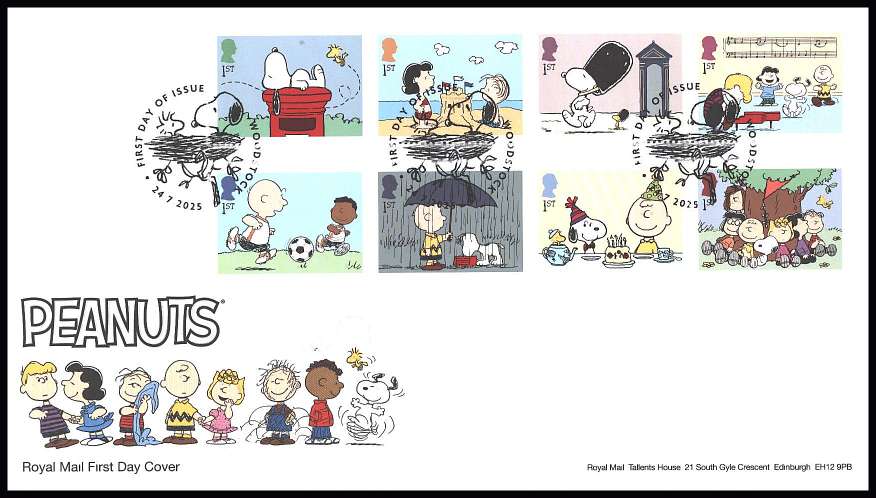 view larger back view image for Peanuts set of eight on an unaddressed official Royal Mail FDC cancelled with the official alternative FDI cancel for WOODSTOCK
dated24.7.2025
