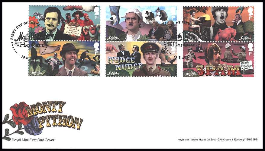 view larger back view image for Monty Python set of six on an unaddressed official Royal Mail FDC cancelled with the official alternative FDI cancel for DOUNE
dated14.8.2025
