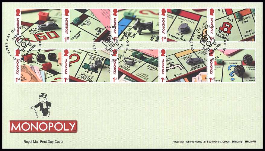 view larger back view image for Monopoly set of ten on an unaddressed official Royal Mail FDC cancelled with the official alternative FDI cancel for LONDON W1
dated16.10.2025