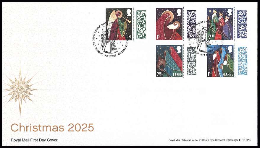 view larger back view image for Christmas set of five on an unaddressed official Royal Mail FDC cancelled with the official alternative FDI cancel for
BETHLEHEM - LLANDEILO
dated4.11.2025