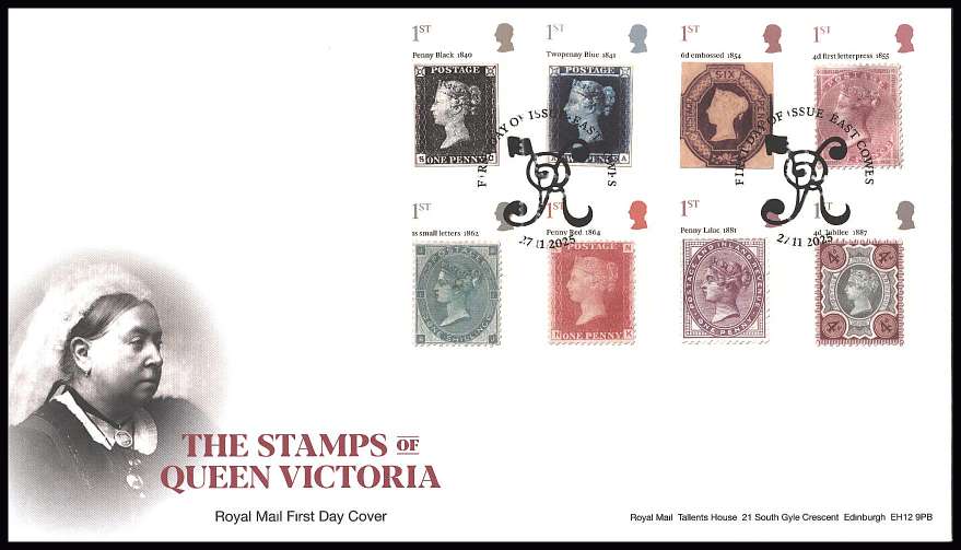 view larger back view image for The Stamps of Queen Victoria set of eight on an unaddressed official Royal Mail FDC cancelled with the official alternative FDI cancel for EAST COWES
dated 27.11.25