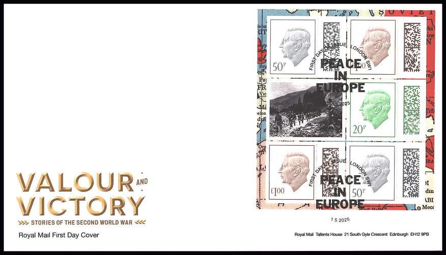 view larger back view image for Valour and Victory booklet pane on an unaddressed official Royal Mail FDC cancelled with the official alternative FDI cancel for LONDON SW1
dated 1.5.2025