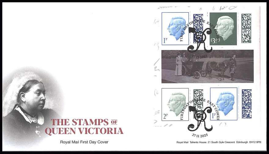 view larger back view image for The Stamps of Queen Victoria booklet pane on an unaddressed official Royal Mail FDC cancelled with the official alternative FDI cancel for EAST COWES dated 27.11.2025