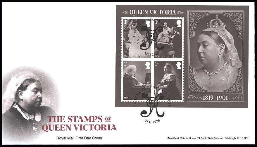 view larger back view image for The Stamps of Queen Victoria minisheet on an unaddressed official Royal Mail FDC cancelled with the official alternative FDI cancel for EAST COWES
dated 27.11.2025