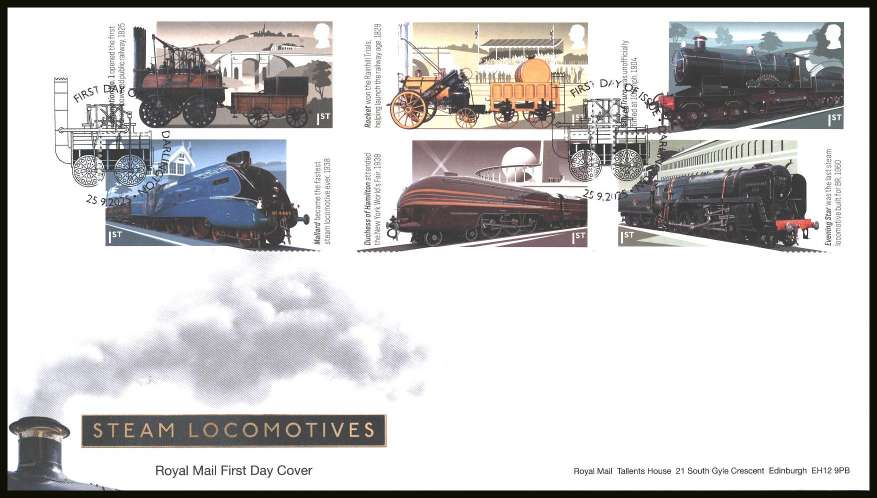 view larger back view image for Steam Locomotives - Trains set of eight on an unaddressed official Royal Mail FDC cancelled with the official alternative FDI cancel for DARLINGTON dated 25.9.2025