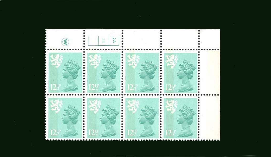 view larger image for SG S38 (1982) - 12½p Light Emerald<br/> in a superb unmounted mint cylinder block of eight showing Cylinder 2A 2B