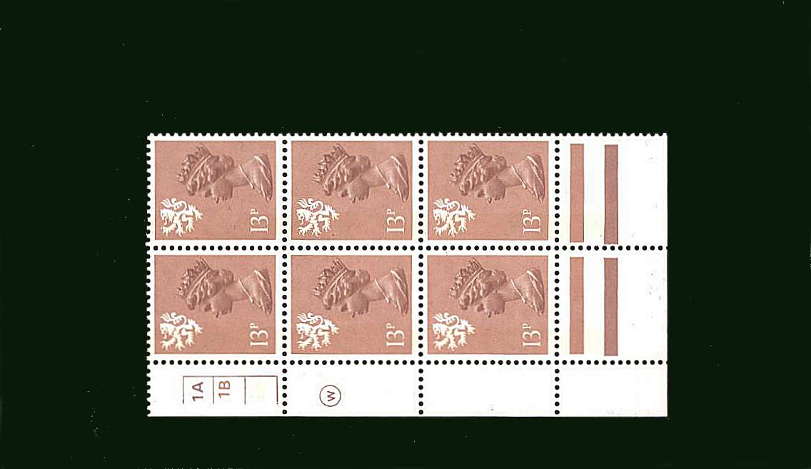 view larger image for SG S39 (1984) - 13p Pale Chestnut - Type 1<br/> in a superb unmounted mint cylinder block of six showing Cylinder 1A 1B