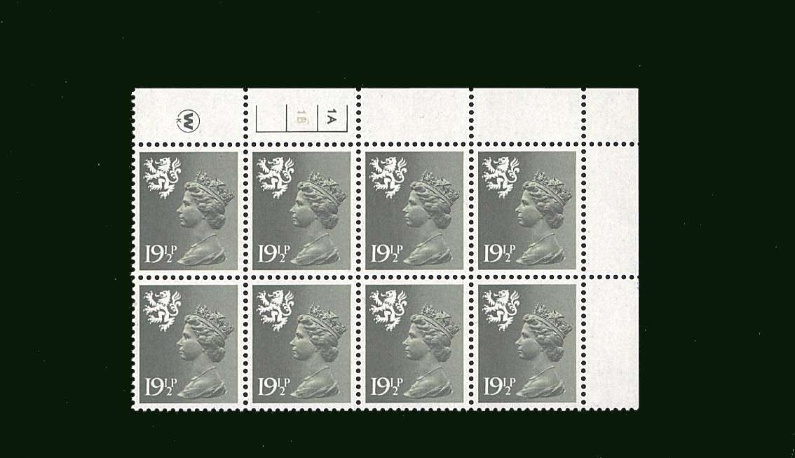 view larger image for SG S45 (1982) - 19½p Olive-Grey<br/> in a superb unmounted mint cylinder block of eight showing Cylinder 1A 1B
