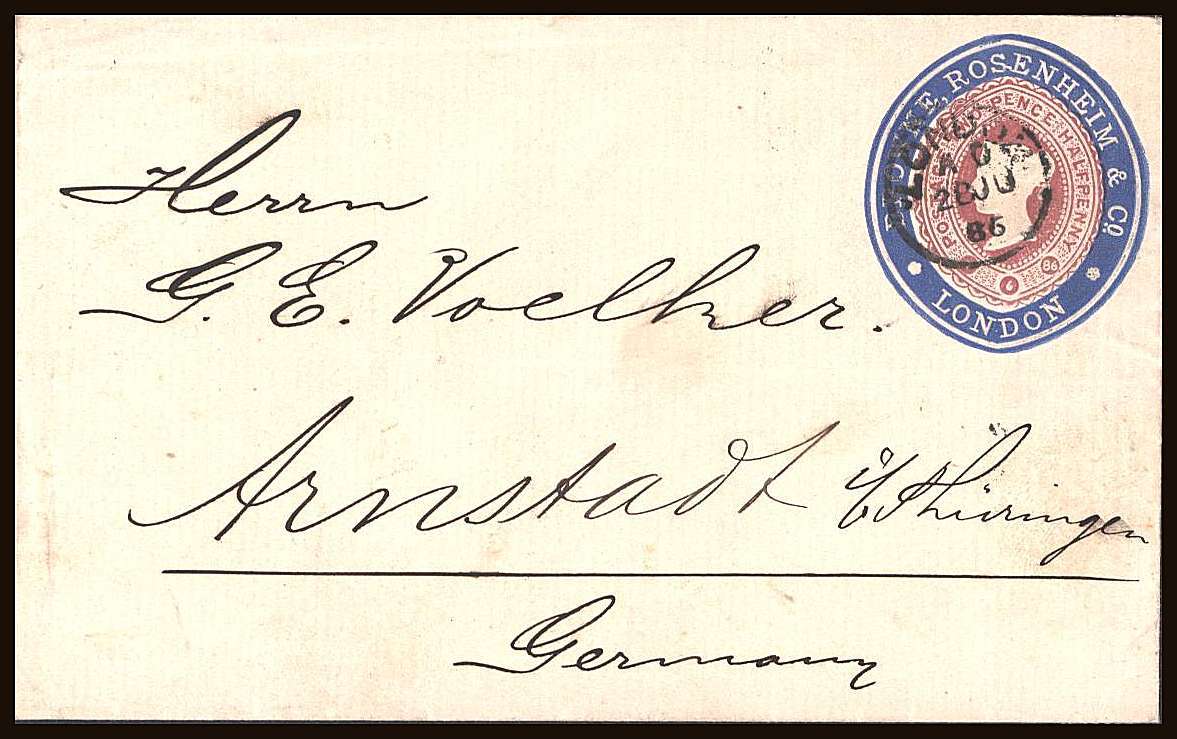 view larger front view of image for Browne, Rosenheim & Co.: 2½d. lake with blue collar on 28 JU 1886 envelope to Germany, cancelled by London CDS with Annstadt arrival 30 JU 1886 on the reverse. A rare and pretty envelope!
<br/><b>QQV</b>
