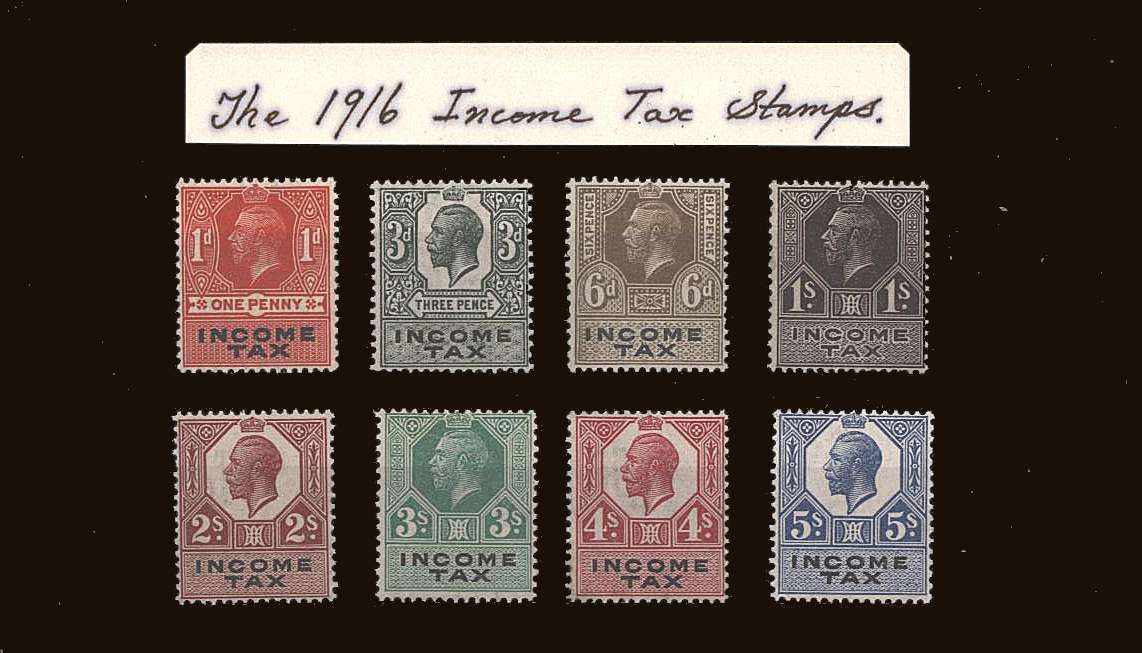 view larger image for (1916) - <b>INCOME TAX STAMPS</b><br/>
A lightly mounted mint set of eight.
<br/><b>QQV</b>
