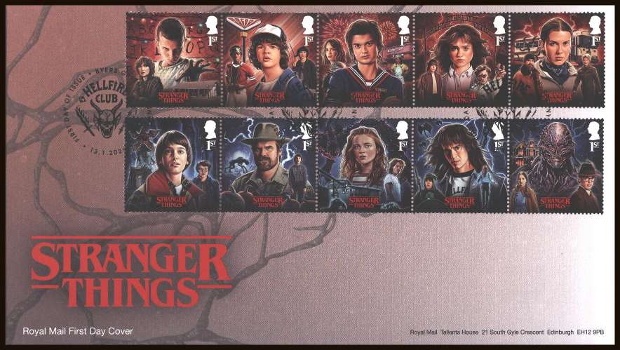view larger back view image for Stranger Things set of ten on an unaddressed official Royal Mail FDC cancelled with the official alternative FDI cancel for BYERS GREEN - SPENNYMOOR
dated 13-1-26