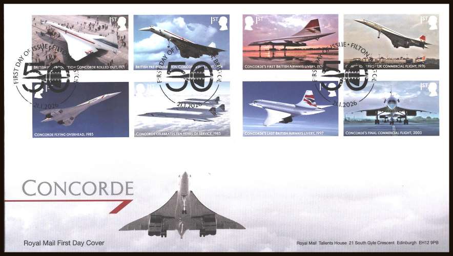 view larger back view image for Concorde set of eight on an unaddressed official Royal Mail FDC cancelled with the official alternative FDI cancel for FILTON - BRISTOL
dated21-1-26