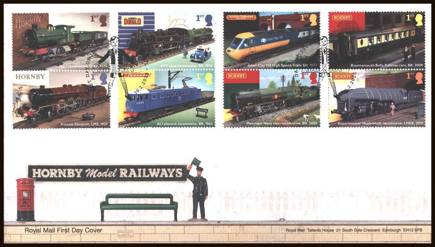 view larger back view image for Hornby Model Railways set of eight on an unaddressed official Royal Mail FDC cancelled with the official alternative FDI cancel for LIVERPOOL
dated 19-2-2026