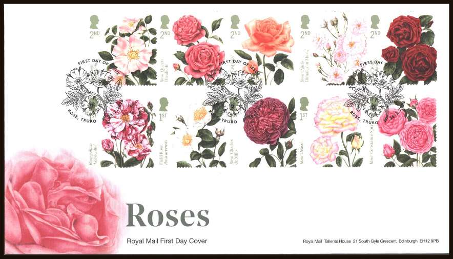 view larger back view image for Roses set of ten on an unaddressed official Royal Mail FDC cancelled with the official alternative FDI cancel for
ROSE - TRURO
dated 26-2-2026