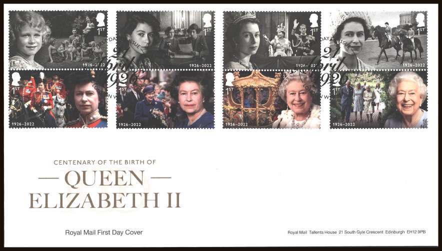 view larger back view image for Birth of Queen Elizabeth II set of eight on an unaddressed official Royal Mail FDC cancelled with the official alternative FDI cancel for LONDON W1
dated 21-4-2026