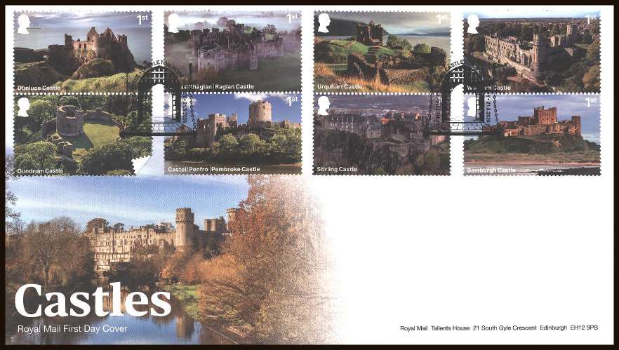 view larger back view image for Castles set of eight on an unaddressed official Royal Mail FDC cancelled with the official alternative FDI cancel for CASTLETON - HOPE VALLEY
dated 21-5-26