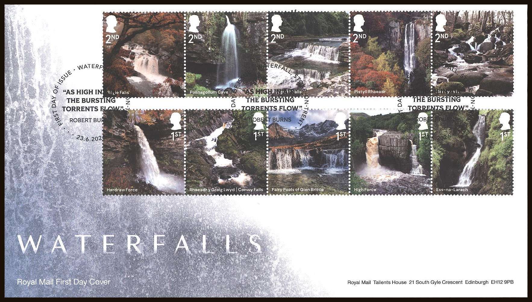 view larger back view image for Waterfalls set of ten on an unaddressed official Royal Mail FDC cancelled with the official alternative FDI cancel for WATERFALL - STOKE-ON-TRENT
dated23-6-26