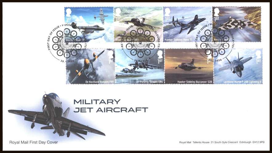 view larger back view image for Military Jet Aircraft set of eight on an unaddressed official Royal Mail FDC cancelled with the official alternative FDI cancel for
HUCCLECOTE - GLOUCESTER
dated 30-7-2026