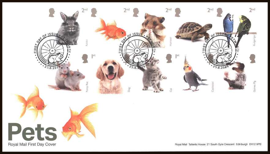 view larger back view image for Pets set of ten on an unaddressed official Royal Mail FDC cancelled with the official alternative FDI cancel for PETWORTH
dated 20.8.2026