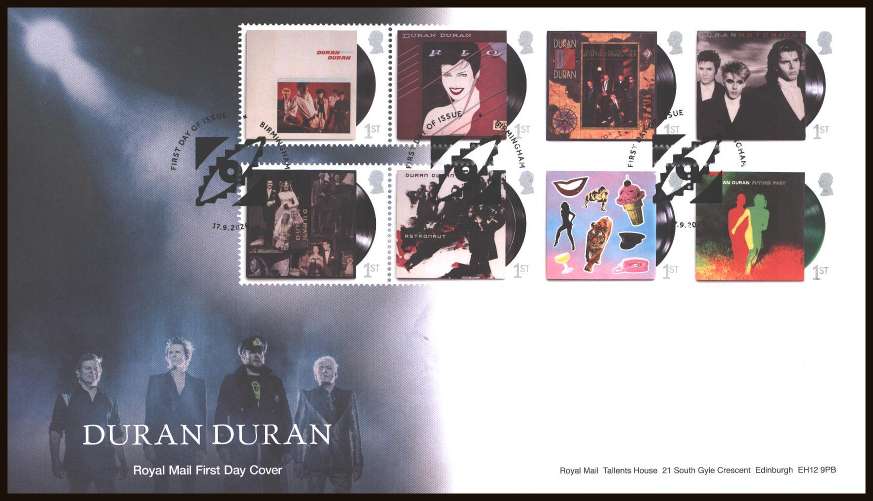 view larger back view image for Duran Duran a popular singing group set of eight on an unaddressed official Royal Mail FDC cancelled with the official alternative FDI cancel for
BIRMINGHAM
dated17-9-2026