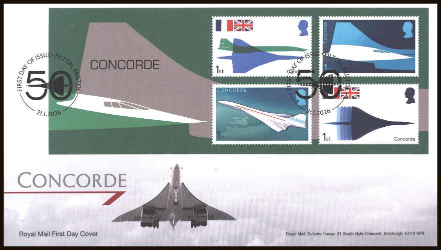 view larger back view image for Concorde set of minisheet on an unaddressed official Royal Mail FDC cancelled with the official alternative FDI cancel for FILTON - BRISTOL dated 21-1-26