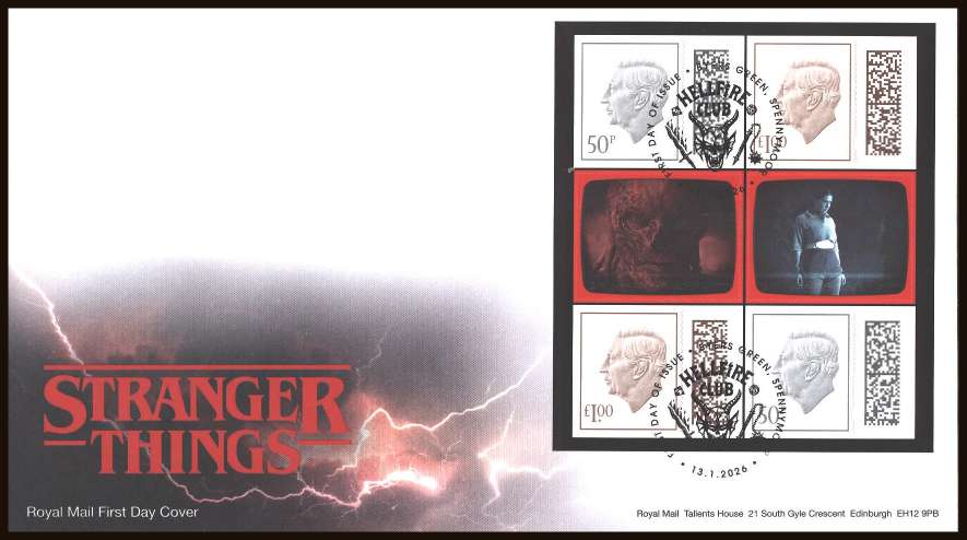 view larger back view image for Stranger Things booklet pane on an unaddressed official Royal Mail FDC cancelled with the official alternative FDI cancel for BYERS GREEN - SPENNYMOOR
dated 13-1-2026