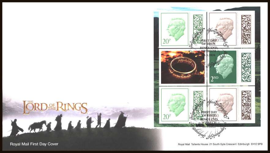 view larger back view image for Lord of the Rings booklet pane on an unaddressed official Royal Mail FDC cancelled with the official alternative FDI cancel for
RINGS END - WISBECH
dated 20-3-2026