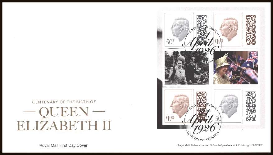 view larger back view image for Birth of Queen Elizabeth II booklet pane on an unaddressed official Royal Mail FDC cancelled with the official alternative FDI cancel for LONDON W1
dated 21-4-26