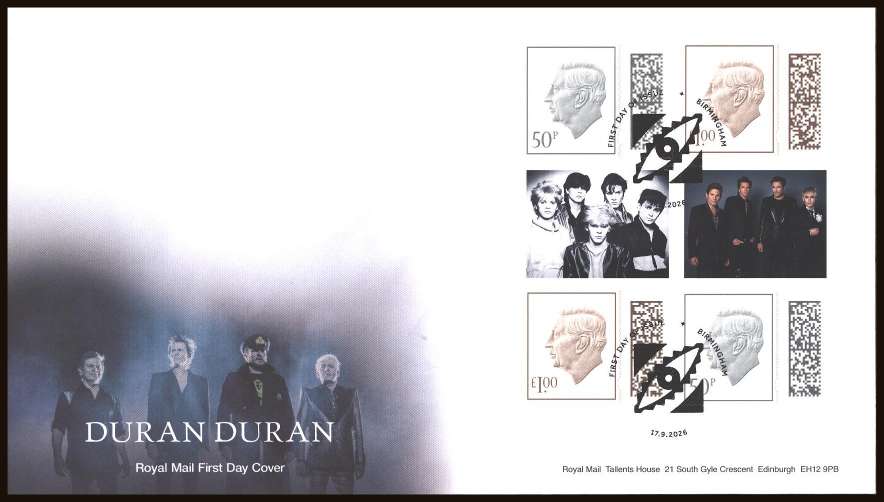 view larger back view image for Duran Duran a popular singing group booklet pane on an unaddressed official Royal Mail FDC cancelled with the official alternative FDI cancel for BIRMINGHAM
dated 17-9-2026