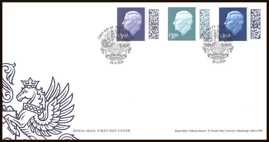 view larger back view image for King Charles III New Definitive - Barcode set of three on an unaddressed official Royal Mail FDC cancelled with the official alternative FDI cancel for WINDSOR dated 26.3.26