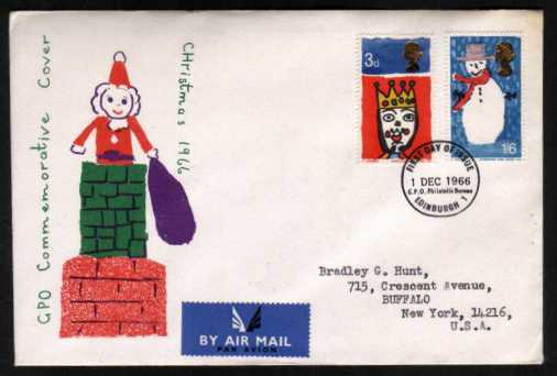view larger back view image for Christmas set of two on official GPO illustrated FDC with typed address  cancelled with G.P.O. PHILATELIC BUREAU - EDINBURGH handstamp dated 1 DEC 1966