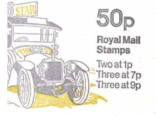 British Stamps QE II Folded Booklets Item: view larger image for SG FB3A (1978) - 50p Booklet - Commercial Vehiclels Series - No 1- Clement Talbot van -  7p's at Left - Pane is SG X844n