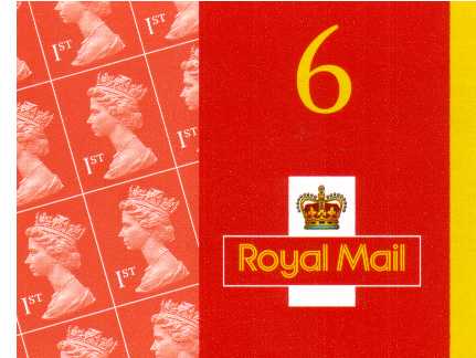 British Stamps Self Adhesive Booklets Item: view larger image for SG MB1 (2001) - 6x1st Class Red - Walsall- ''www.postcodes.royalmail.com'' on back 
<br/>Containing 2040x6