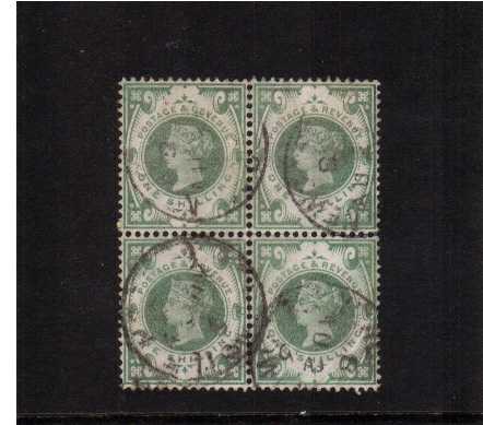 view larger image for SG 211 (1887) - 1/- Dull Green in a fine used block of four cancelled with three, light indistinct CDS's. One stamp has a corner crease not visible from front. Please note the stamps have true colour! Pretty block. SG Spec Cat £300 for block