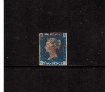 view larger image for SG 6 (1840) - 2d Pale Blue from Plate 2 lettered 'T-H' cancelled with a RED Maltese Cross. The stamp is very bright a fresh and has four even large margins, a gem!<br/><br/>SG  SPEC Cat  DS9f £1750