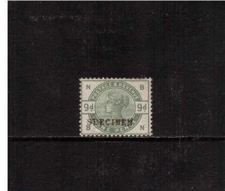 view larger image for SG 195s (1883) - 9d Green lettered 'B-N' a very crisp, lightly mounted mint stamp handstamped SPECIMEN type 9.<br/>SG Cat £425
<br/><br/>
<b>5qz</b>
