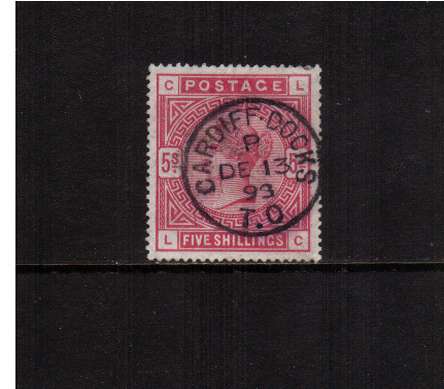 view larger image for SG 181 (1883) - 5/- Crimson lettered 'L-C' <br/>cancelled with a bold upright CARDIFF DOCKS - T.O. dated DE 13 93. Very feint corner crease mentioned for accuracy not visible from front.<br/>
SG Cat £250+50%=£375
<br/><b>AQP</b>
