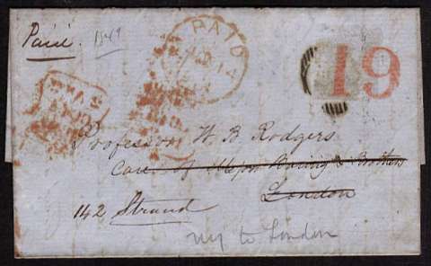 view larger front view of image for NEW YORK to LONDON by steamer HIBERNIA letter dated 17 Sept 1849. The US stamp arrived uncancelled and was thus cancelled in London. The entire was re-directed to another part of London but the stamp was removed (by a early collector??!!) Very rare!