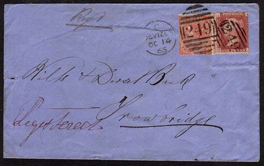 view larger front view of image for Registered envelope with 1d Red lettered 'Q-J' and 4d plate 4 lettered 'F-C' from DEVIZES cancelled with a duplex dated OC 14 65 plus unusually a '249' handstamp to TROWBRIDGE via BATH. A rare postmark combination.